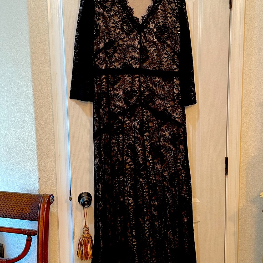 Black long lace over cream slip dress